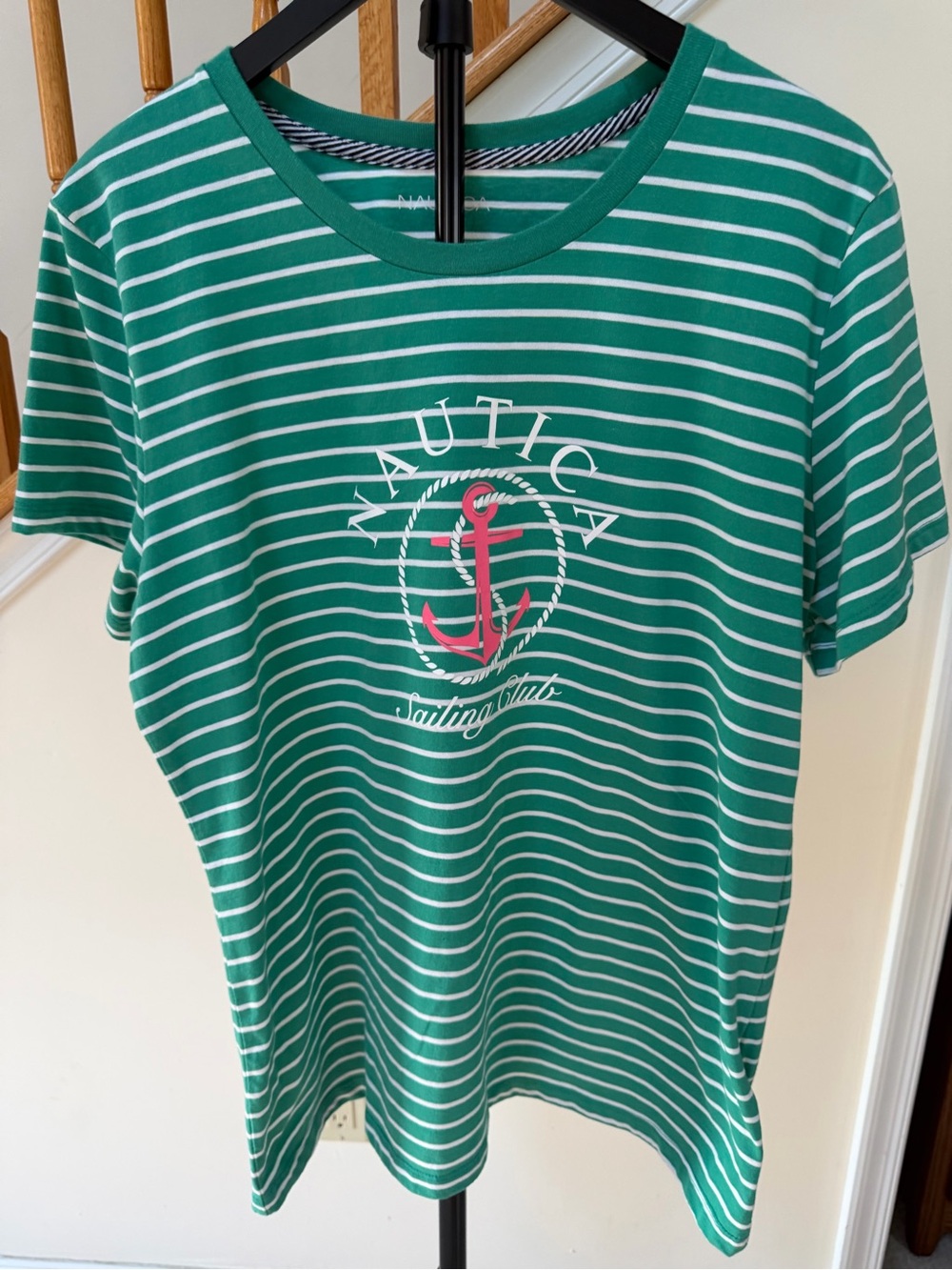 Nautica Green and White Striped Short Sleeve Tee with Pink Anchor